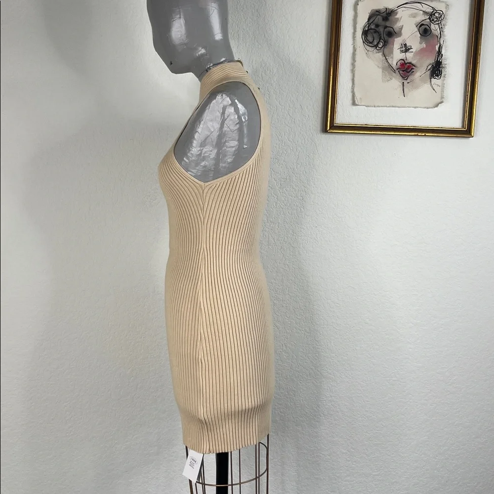 CIDER Knit Beige Rib Cross Halter Bodycon Mini Sleeveless Dress - Picture 3 of 6